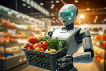 cyborg in supermarket, AI generated - obrazy, fototapety, plakaty