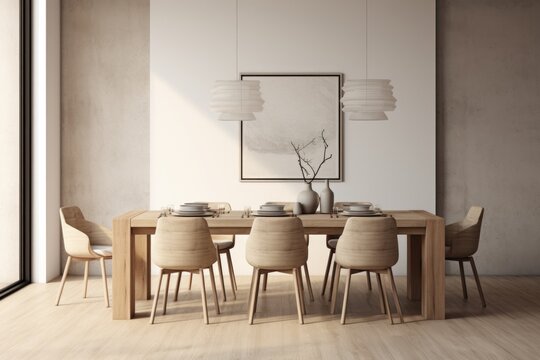 Minimalist Scandinavian-style dining room interior with a painting on the wall