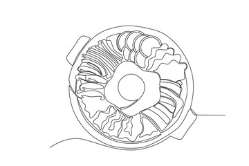 One continuous line drawing of fresh delicious Bibimbap. Fast food Japan noodle cafe shop logotype template concept. Modern single line draw design vector illustration
