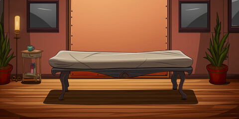 Anime cartoon style massage bed spa room treatment meditation relaxing massages illustration, generated ai