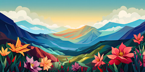 Fototapeta na wymiar Beautiful fields mountains flowers background illustration flowery blooming vibrant landscape scene, generated ai