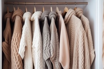 Cozy warm wardrobe, knitted cardigans hanging on a hanger in the closet
