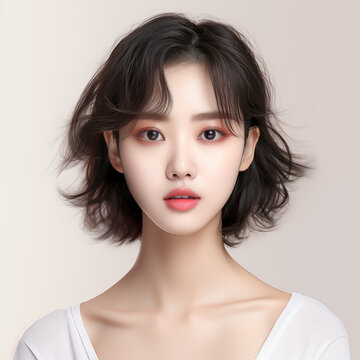 Portrait of beautiful Korean young woman with short hair on white background