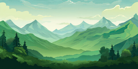 Beautiful scenic cartoon style landscape rolling hills mountains illustration background backdrop, generated ai