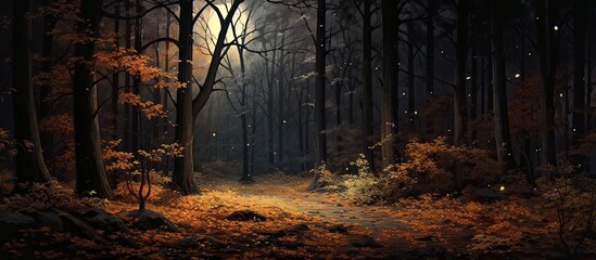 twilight of the night, a dark shadow cast over the woods, while the background of the natural landscape showcased the vibrant autumn colors of the leaves. The forest, embraced by the season