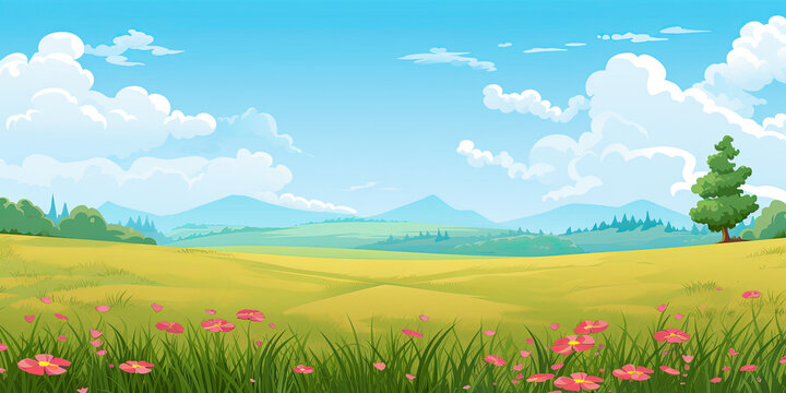 Beautiful fields mountains flowers background illustration flowery blooming vibrant landscape scene, generated ai