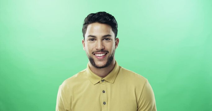 Green screen, man and shush for secret, quiet and silent for rumor, gossip and mystery in portrait. Male person, noise and finger for emoji, whisper and confidential in mockup, privacy and face