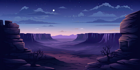 Night time canyon illustration valley desert cartoon style background wide panorama canyons, generated ai