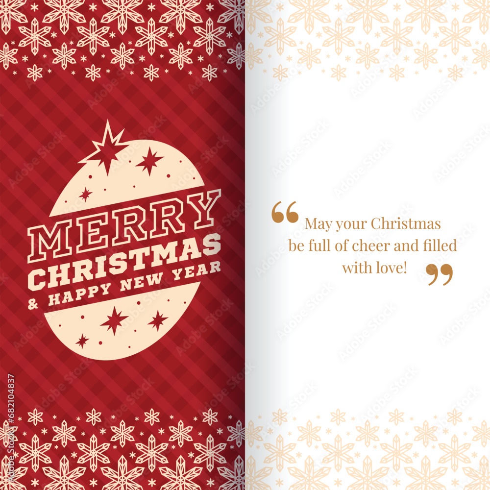 Poster christmas greeting card - merry christmas and happy new yeay text in circle with star around on red 