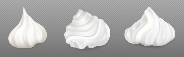 3d isolated white cake cream whip swirl vector. Ice vanilla foam food decoration. Frozen creamy yogurt texture pack for decorating bakery dessert. Realistic frosting topping whipped twirl pile set.