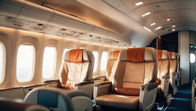 Empty cabin of a private plane with comfortable seats, in flight. luxury airplane interior. This photo was generated using Leonardo AI