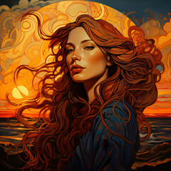 woman with hair, sunset