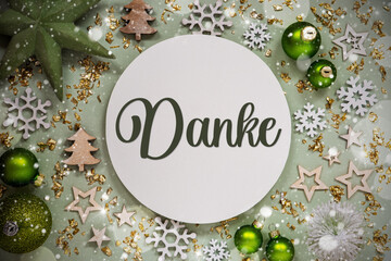 Text Danke, Means Thanks, Green Christmas Decor, Snow