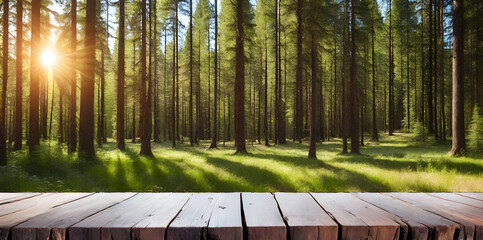 Empty Wooden Deck Table With Pine Trees Forest Background. Sunset Sunrise In Summer Forest Trees.