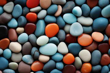 The close up detail abstract wallpaper of many smoothly colorful pebbles as a background. Generative AI.