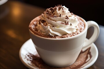 Hot Chocolate: A close-up of a steaming cup of hot chocolate with whipped cream and sprinkles. 