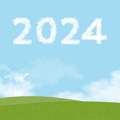 2024 background of Starting New year with Planning and Challenge Strategy Concept,Vector Backdrop 2024 Paper Cut Airplane Flying on Cloud,Blue Sky over Spring field for Christmas Happy New Year Banne