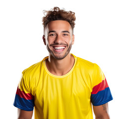 Front view of a half body shot of a handsome man with his jersey painted in the colors of the Colombia flag only, smiling with excitement isolated on transparent background.