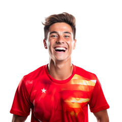 Front view of a half body shot of a handsome man with his jersey painted in the colors of the China flag only, smiling with excitement isolated on transparent background.