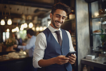 The manager administrator in an apron and shirt uses a laptop to take the order. A male employee works in a restaurant.