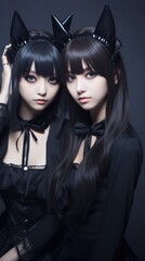 Two young women dressed in black and wearing cat ears. Generative AI.