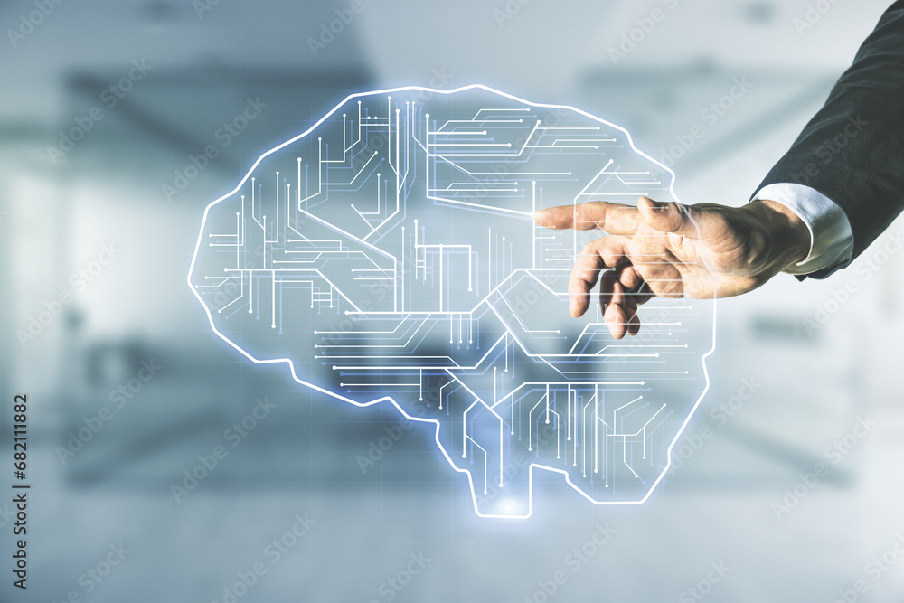 Poster double exposure of man hand presses on creative artificial intelligence interface on blurred office 