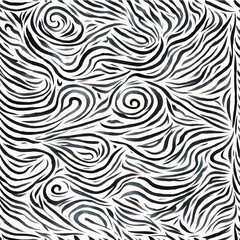 This image features a seamless black and white pattern with swirls and circles. The pattern is set on a white background.