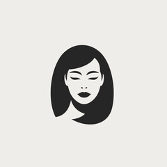 Romantic Asian young woman brunette hair portrait black and white icon vector flat illustration