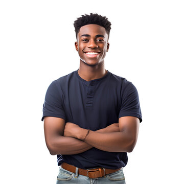 Black American students standing with cool arms crossed and smiling happily on the first day of school on transparent background PNG. Back to School concept.