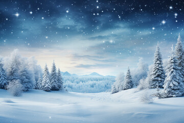 Digital Illustration of a snowy winter landscape . The focus is on the beauty and tranquility of a winter scene.