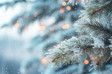 Christmas tree branches with snow close up, winter holiday background