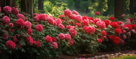 In the lush green garden, against the serene nature background, the floral beauty of the rose garden unfolds, with blooming roses and their mesmerizing red petals, making it a truly beautiful scene.