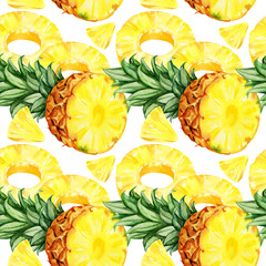 watercolor seamless pattern with pineapple, half and slices of ripe pineapple, sketch of tropical fruit, hand drawn illustration, food illustration isolated on white background