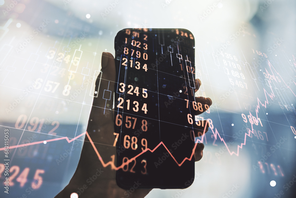 Poster multi exposure of stats data illustration and hand with phone on background, computing and analytics