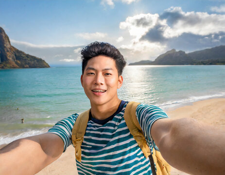 Cheerful young man having fun taking smartphone selfie pictures of himself at a tropical beach while on vacation. Summer lifestyle