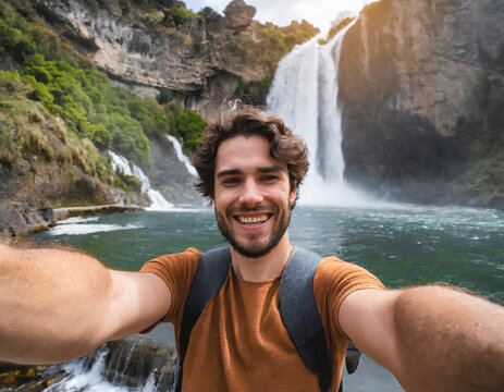 Cheerful young man having fun taking smartphone selfie pictures of himself at a waterfall while on vacation. Summer lifestyle