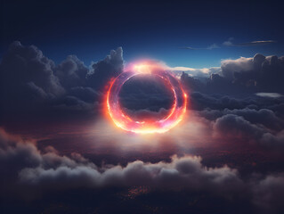 Magical sky space with bright neon circle, abstract background	