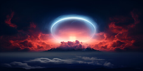 Magical sky space with bright neon circle, abstract background	