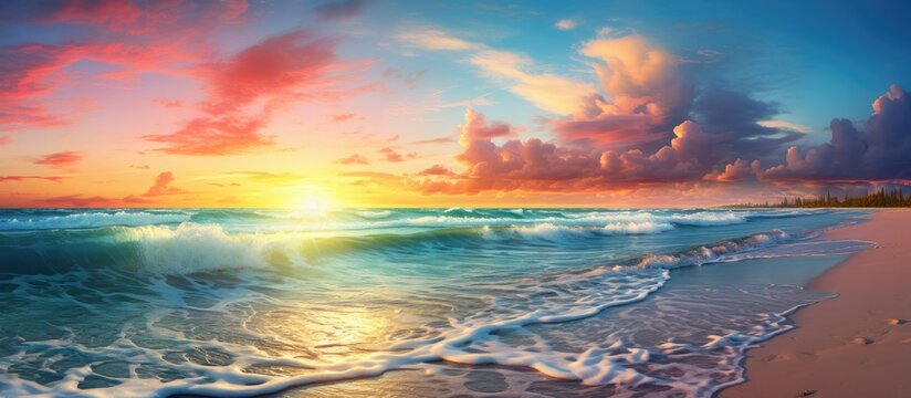 Amidst the picturesque summer landscape, a vibrant sunset illuminated the sky, casting a warm, pink glow over the serene sea, while the tranquility of the white sand desert embraced the soothing