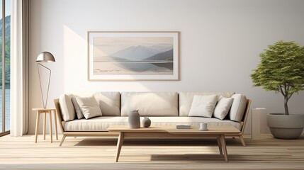 Modern living room interior design with white sofa, lamp, wooden table and poster. Created with Ai