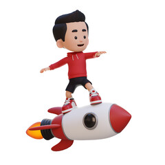 3D kid character standing riding a rocket