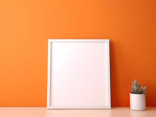Empty frame mock up on orange wall, product presentation concept