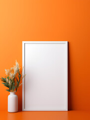 Empty frame mock up on orange wall, product presentation concept