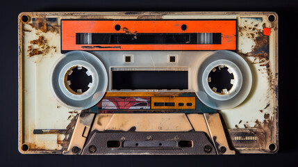 Generative AI, photo of old audio tape cassette, vintage nostalgic object for the design of the 80s - obrazy, fototapety, plakaty