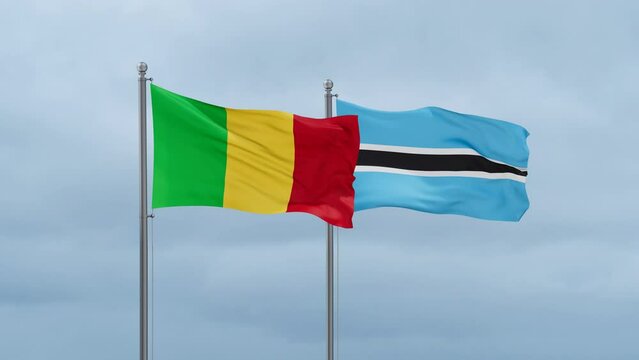 Botswana flag and Mali flag waving together on cloudy sky, endless seamless loop, two country relations concept