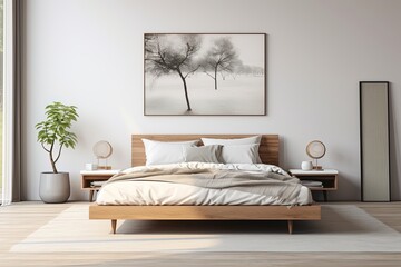 Interior design of bedroom with king size bed, poster, white pillow and wooden floor. Created with Ai