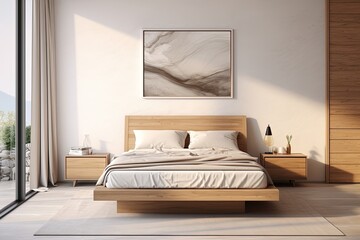 Interior of a bed room with white bed, white walls, poster on wall and wooden floor. Created with Ai