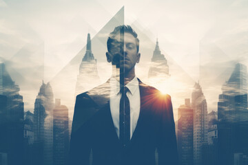 Double exposure photography of business man in the city - obrazy, fototapety, plakaty
