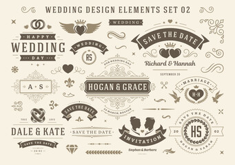 Vintage wedding and valentines day decorative ornament design elements set vector illustration