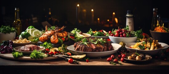 The gourmet restaurant served a delicious and healthy meal, with a variety of vegetables and meat dishes arranged neatly on the table, enhancing the diverse and flavorful cuisine of the menu.